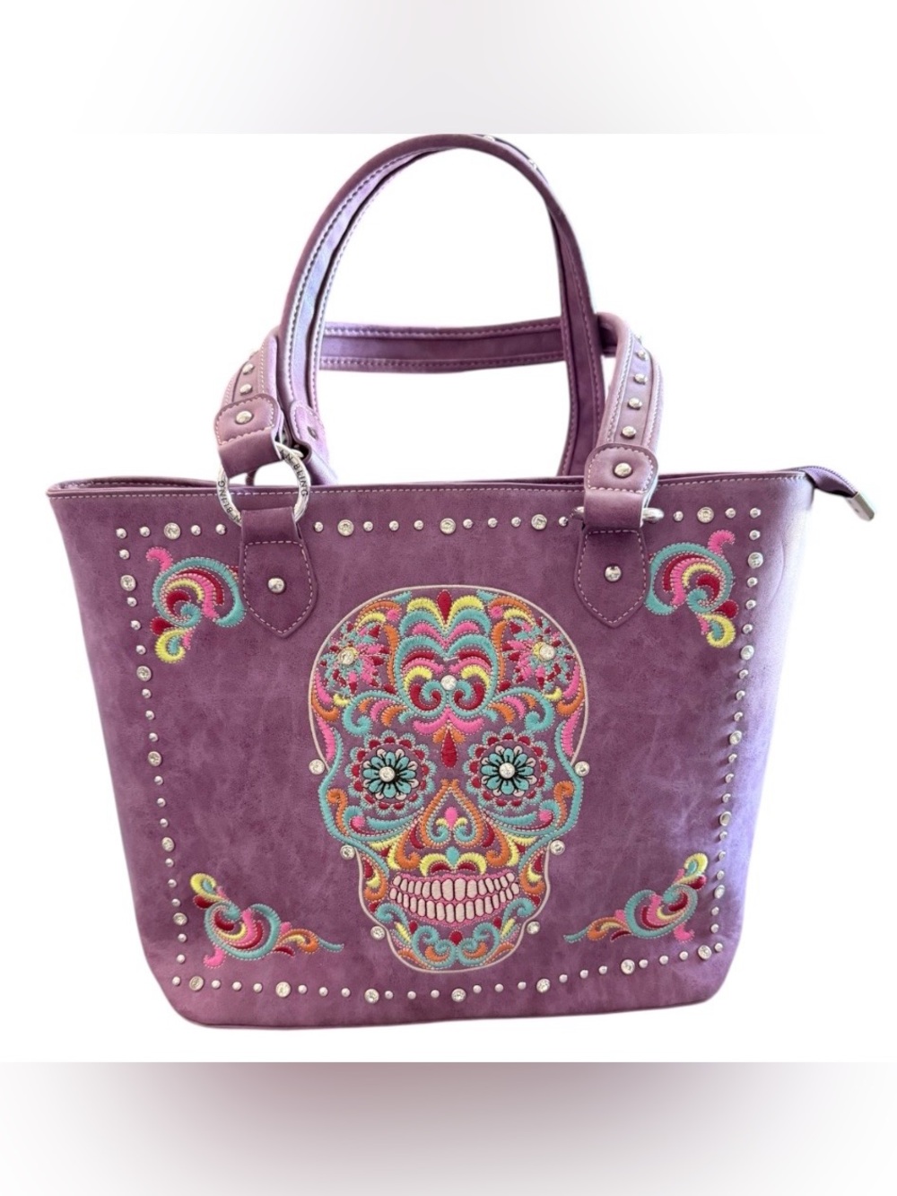 American Bling western style faux suede embroidered sugar skull large tote
